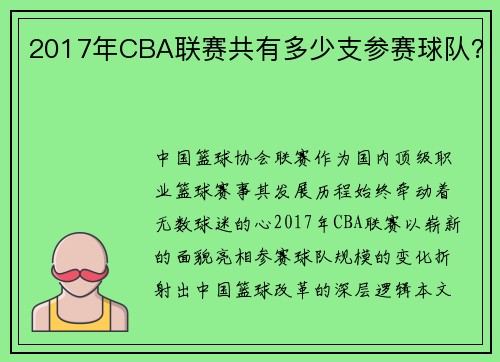 2017年CBA联赛共有多少支参赛球队?