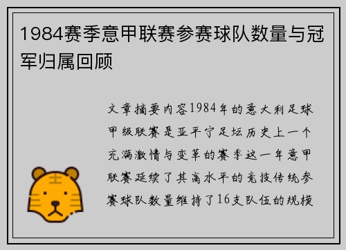 1984赛季意甲联赛参赛球队数量与冠军归属回顾